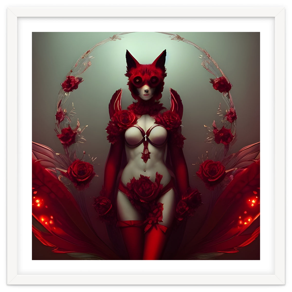 Red Floral Fox Vixen in Lingerie with Roses