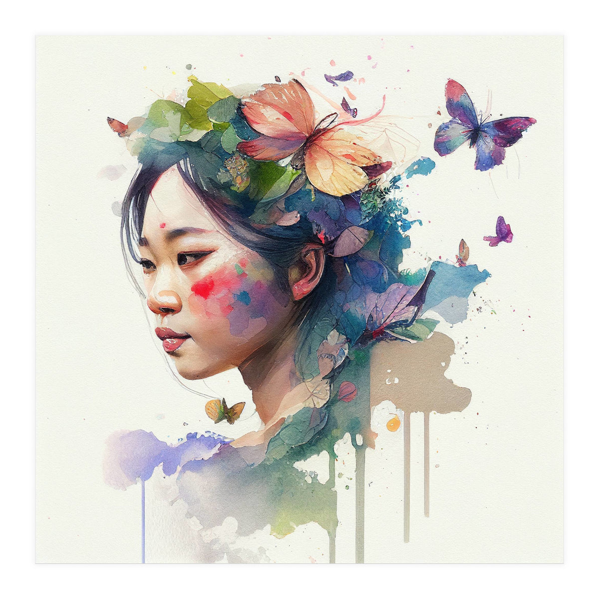 Watercolor Floral Asian Woman #7 (Print Only)