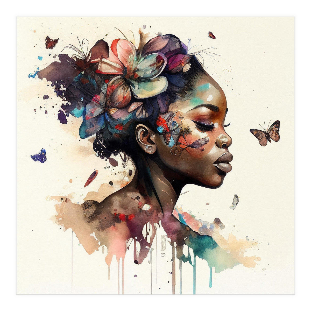 Watercolor Butterfly African Woman #11 (Print Only)