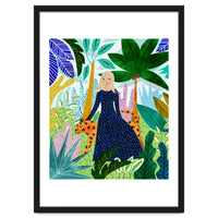 African Safari, Colorful Tropical Jungle Travel, Botanical Watercolor, Blonde Woman with a Leopard