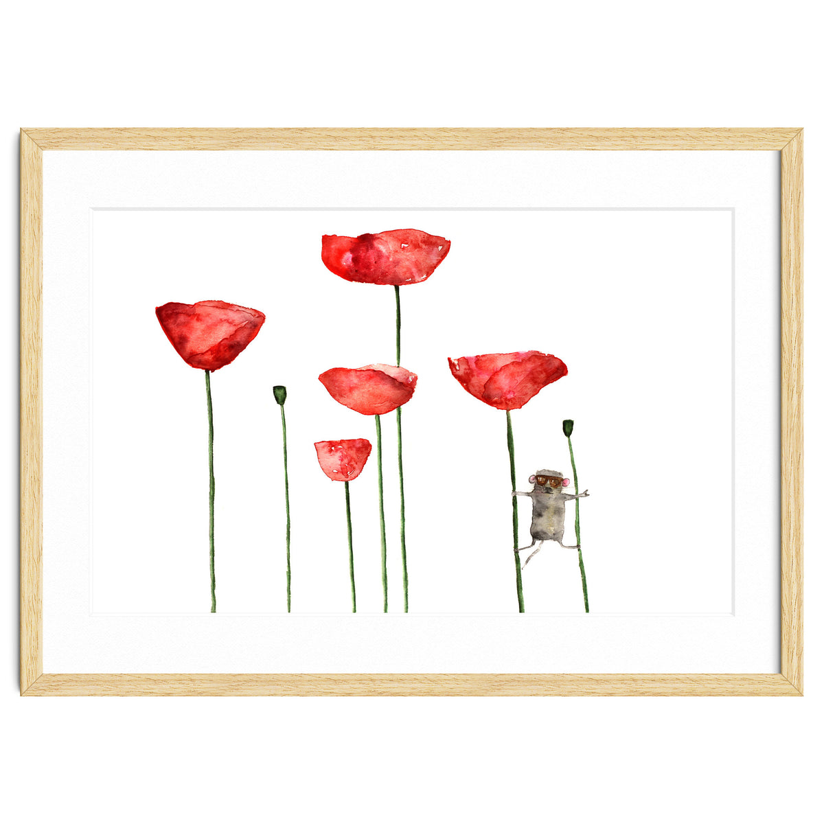 Little mouse loves big poppies || watercolor for nursery