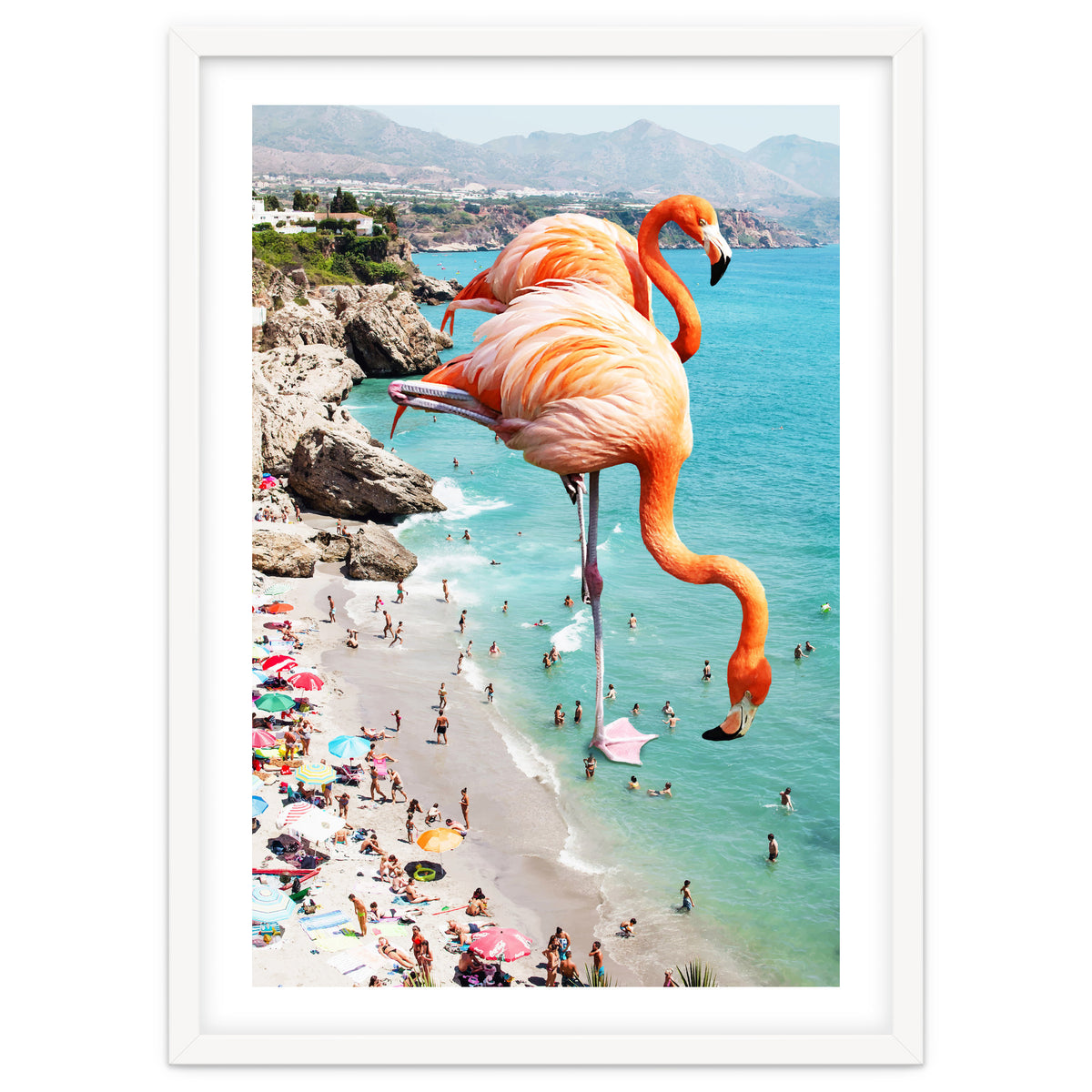 Flamingos on the Beach, Wildlife Surrealism Birds, Nature Flamingo Fantasy Beach Summer Photography