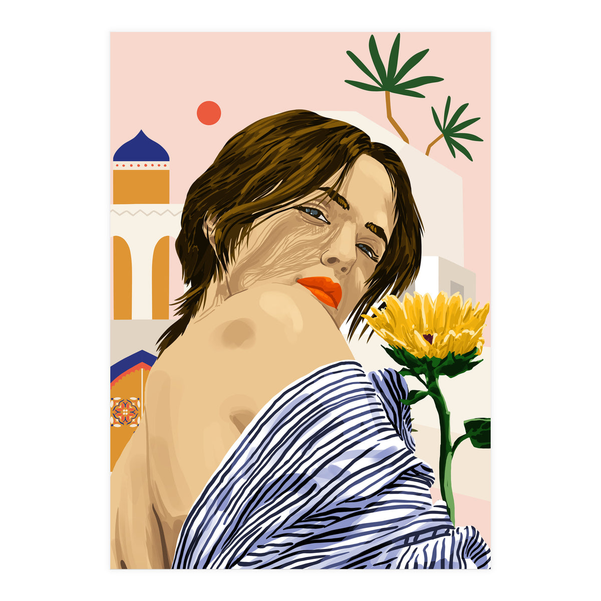 I Travel, I Become | Morocco Architecture Illustration, Bohemian Woman Tropical Sunflower Boho Palm  (Print Only)