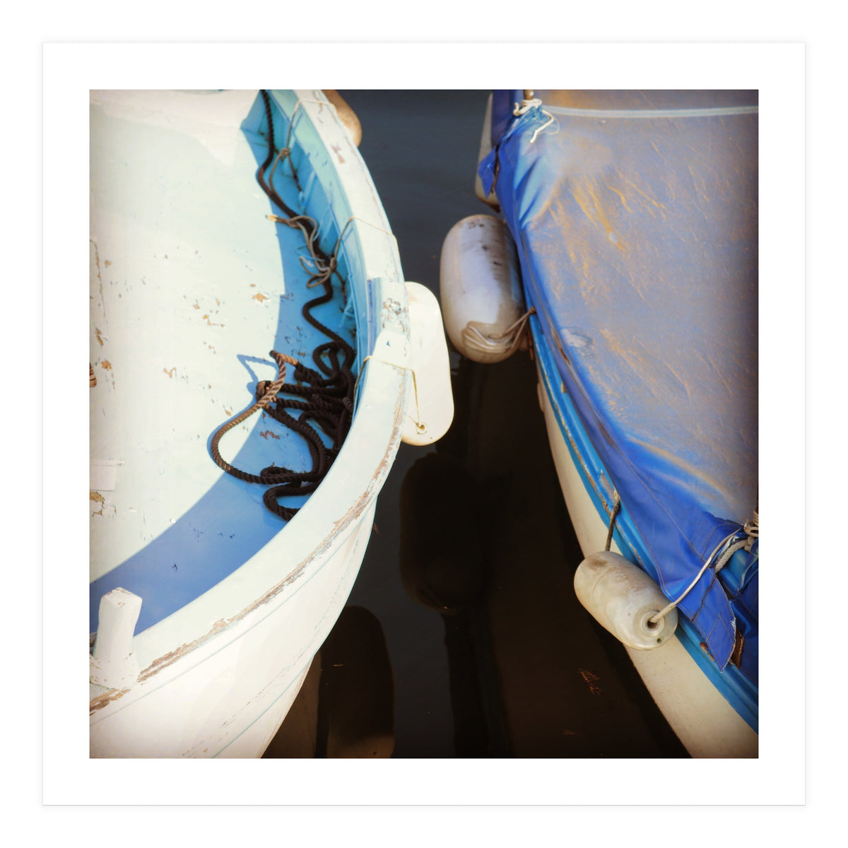 Blue and white wooden fishing boats (Print Only)