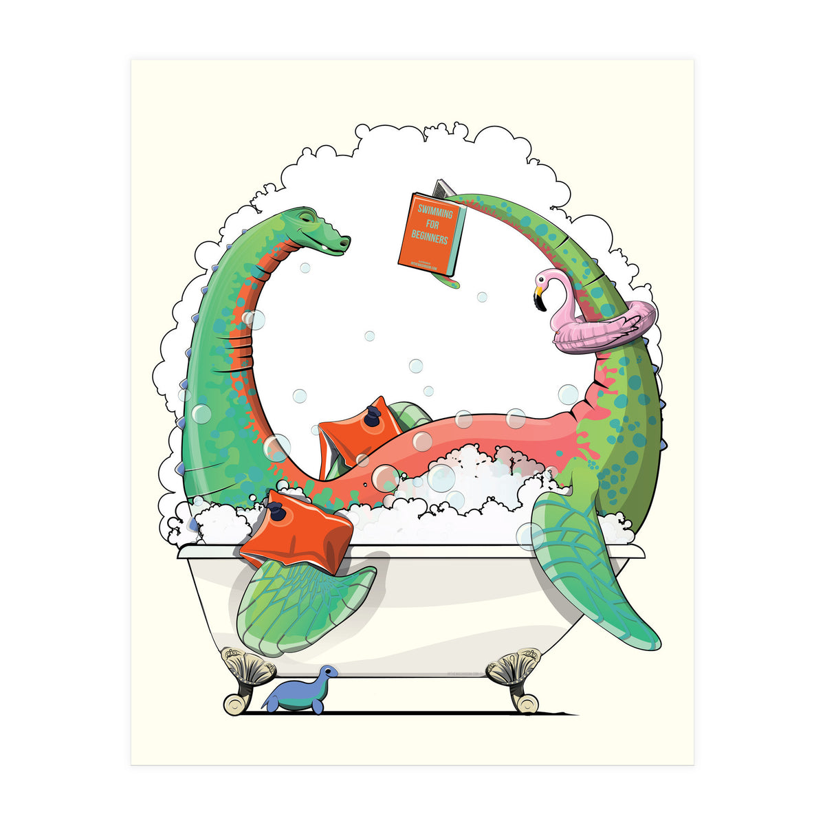 Dinosaur Plesiosaurus in the Bath, funny bathroom humour (Print Only)