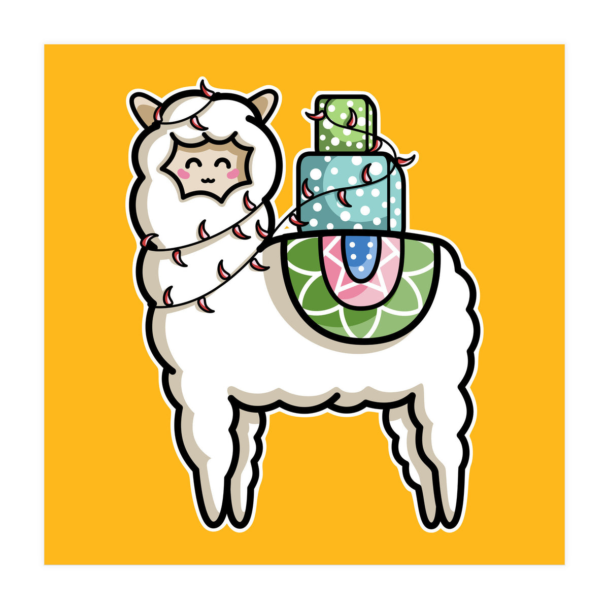 Kawaii Cute Gift Carrying Llama (Print Only)