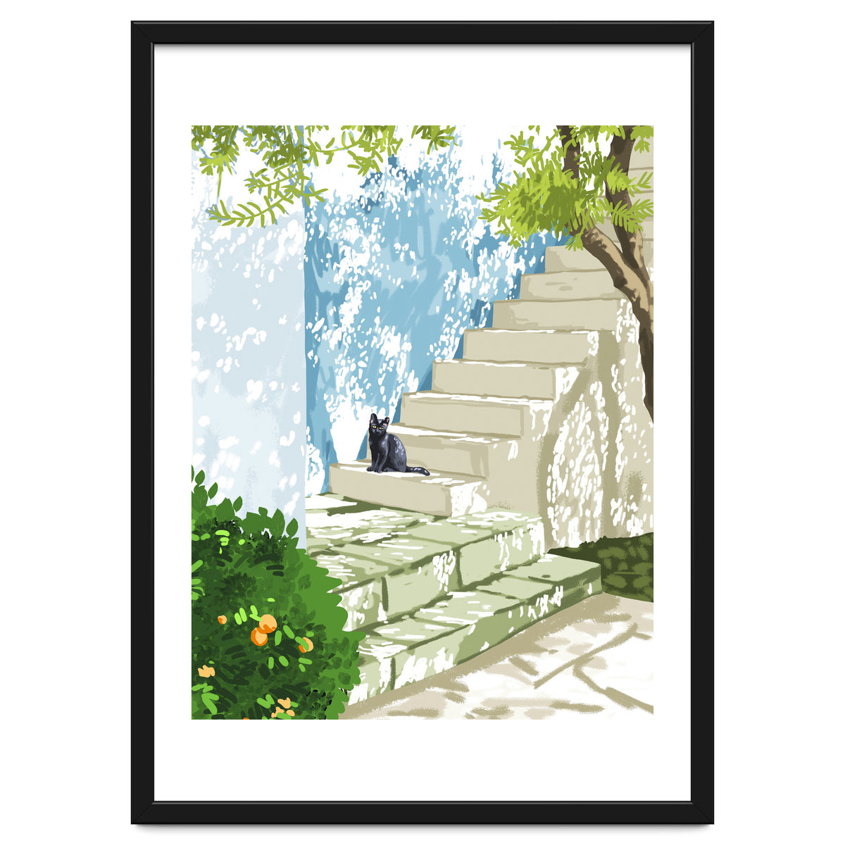 Black cat on the steps Poster, Greece Santorini summer travel pet painting