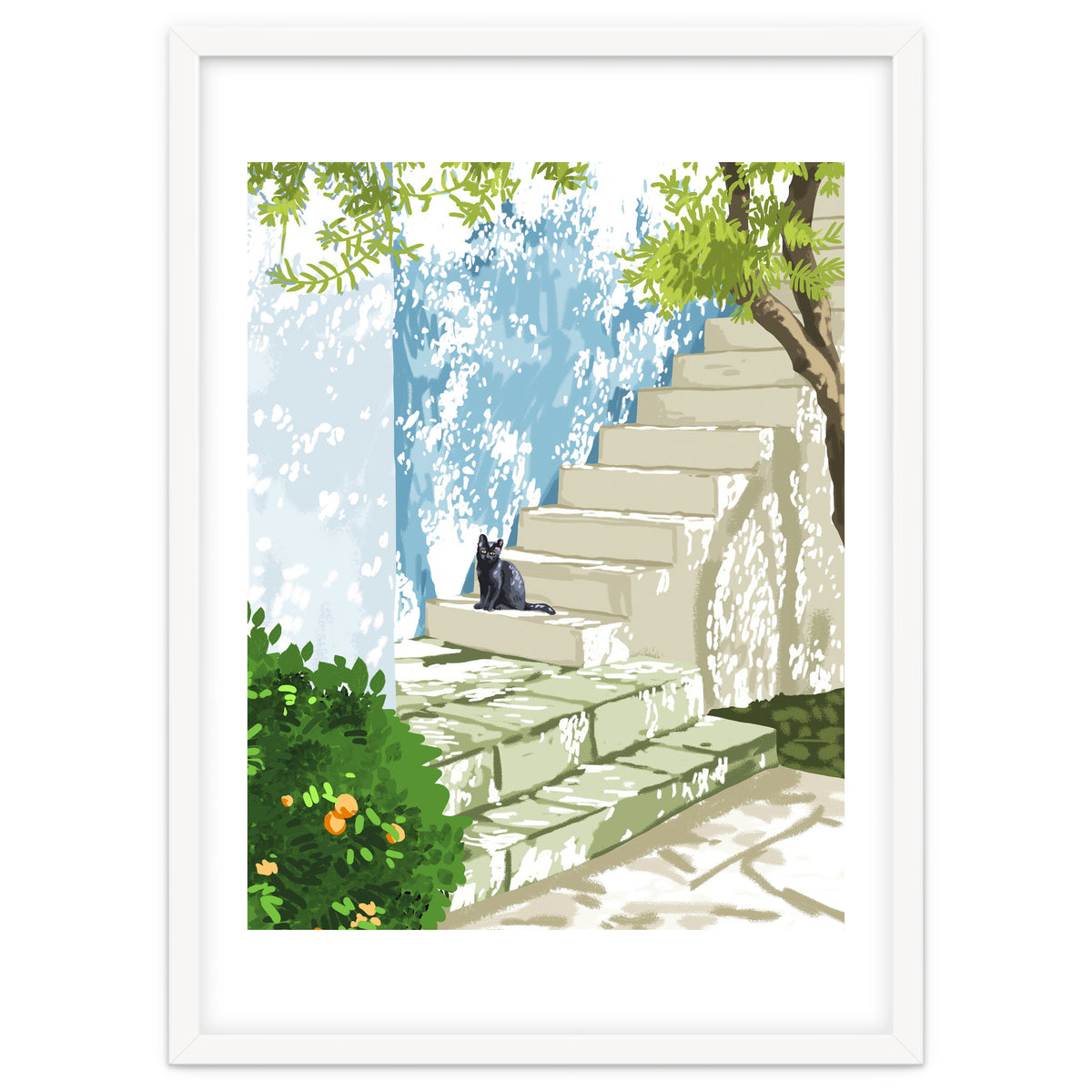 Black cat on the steps Poster, Greece Santorini summer travel pet painting