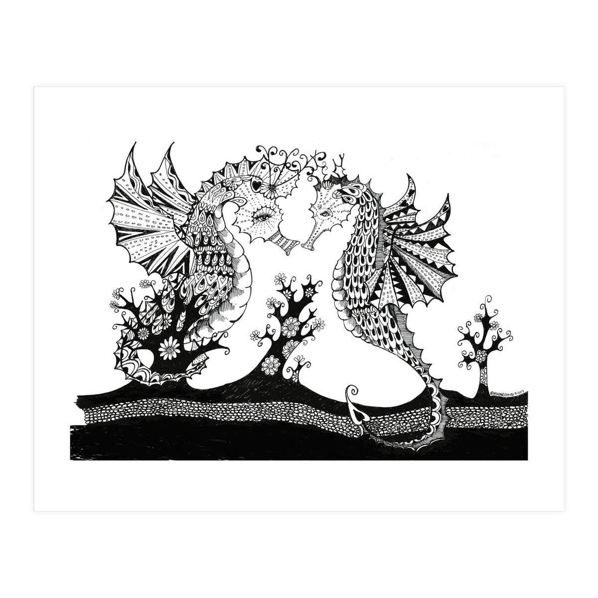 Seahorse Dragons Love Illustration (Print Only)