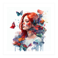 Watercolor Floral Red Hair Woman #2 (Print Only)