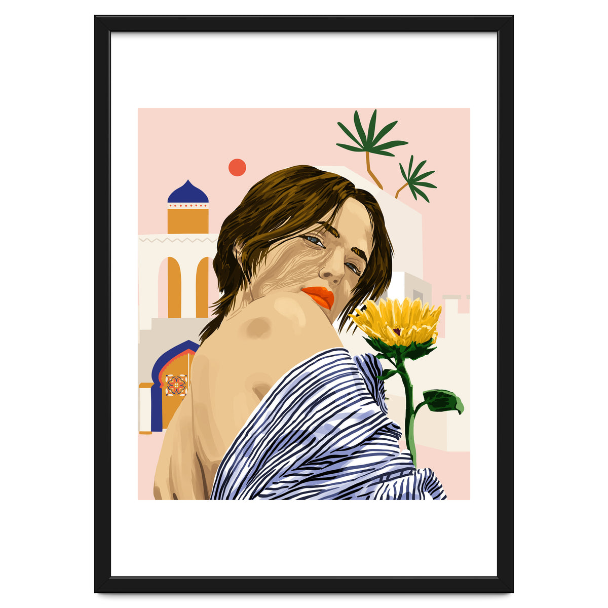 I Travel, I Become | Morocco Architecture Illustration, Bohemian Woman Tropical Sunflower Boho Palm