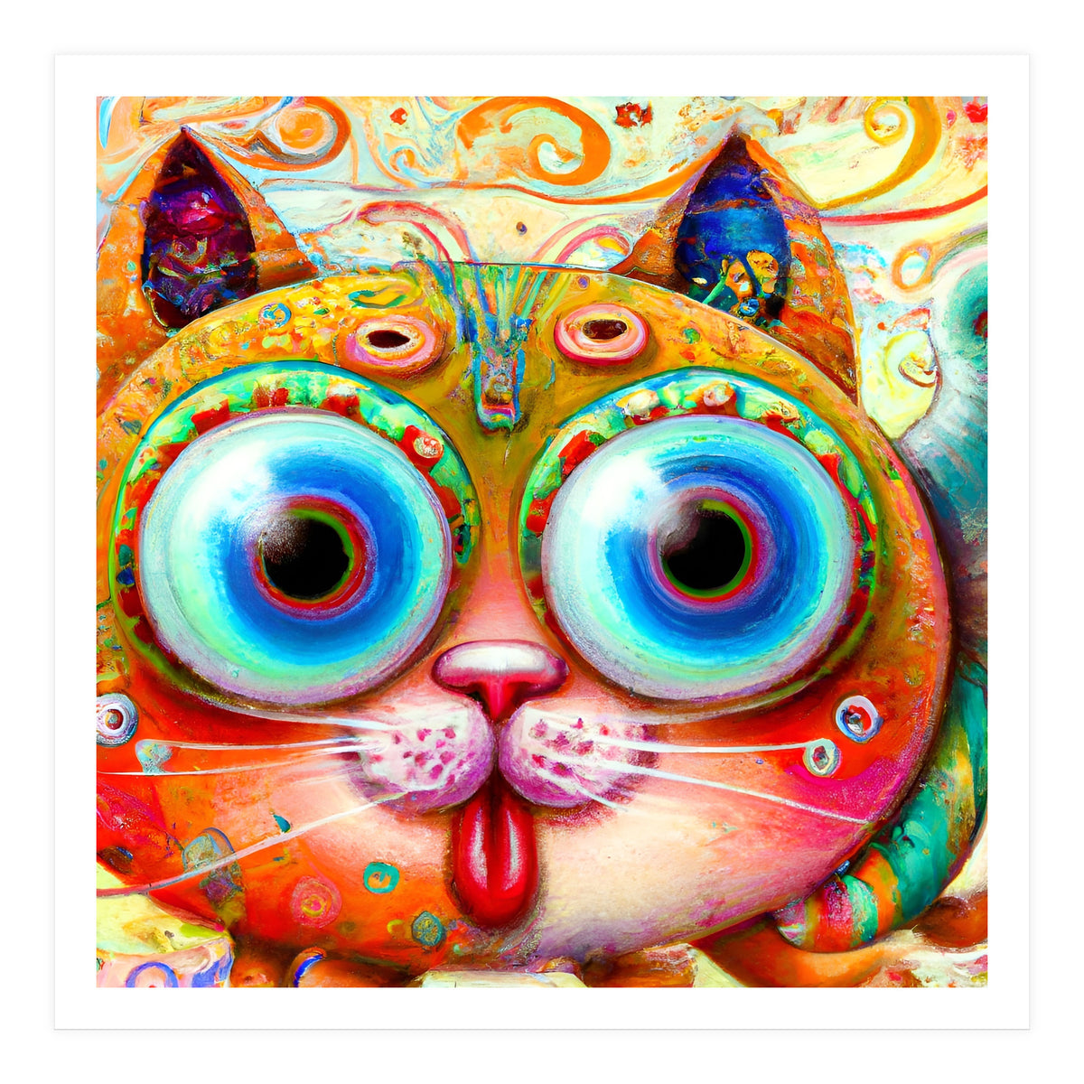 Chaotic and Colorful Fantasy Cat sticking out its Tongue (Print Only)