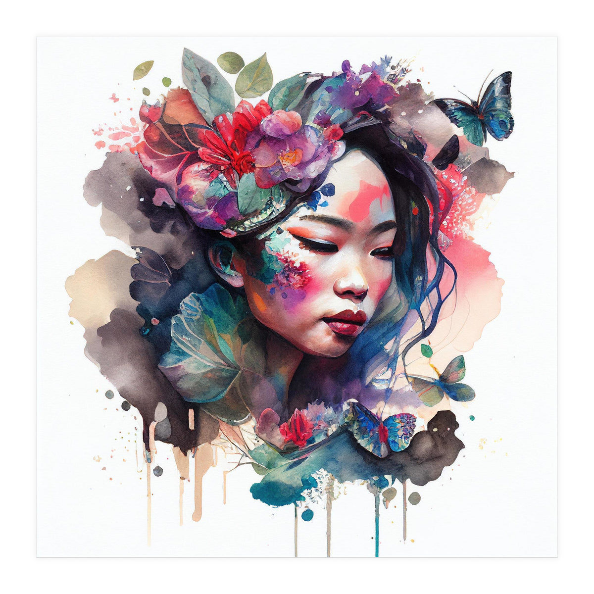Watercolor Floral Asian Woman #10 (Print Only)