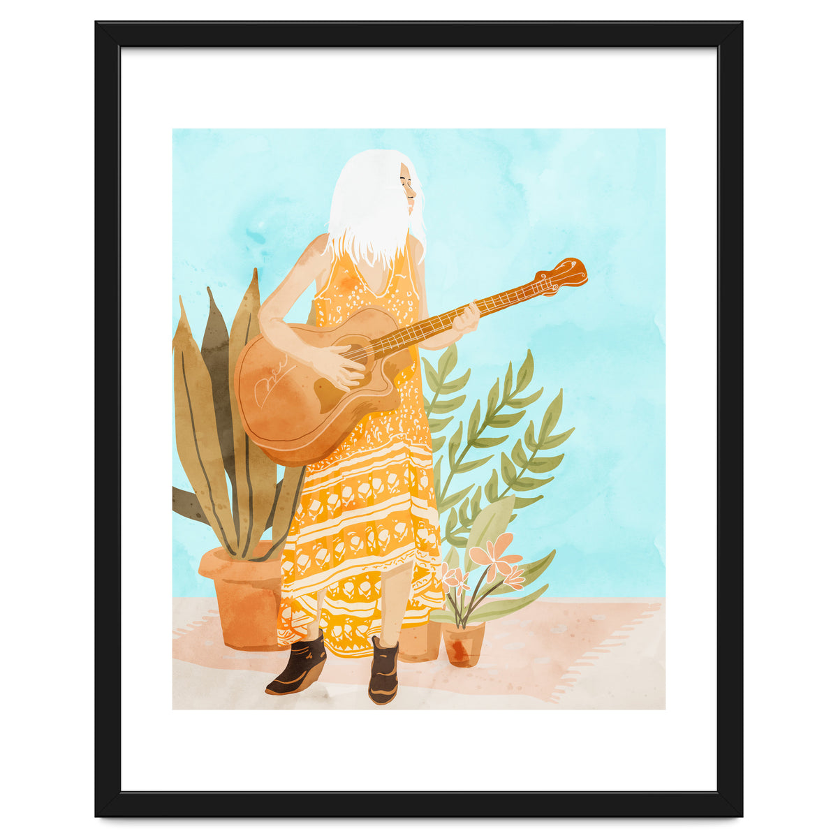 Music Soothes My Soul | Urban Hippie Bohemian Woman Playing the Guitar | Plant Lady Painting