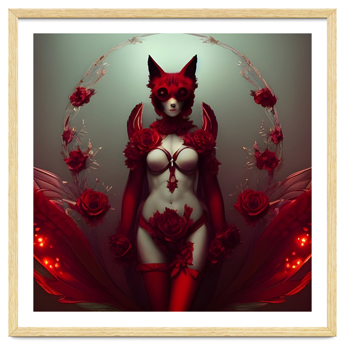 Red Floral Fox Vixen in Lingerie with Roses