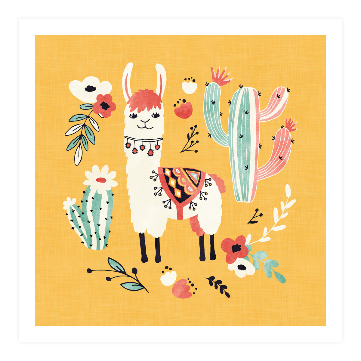 White Llama With Flowers (Print Only)