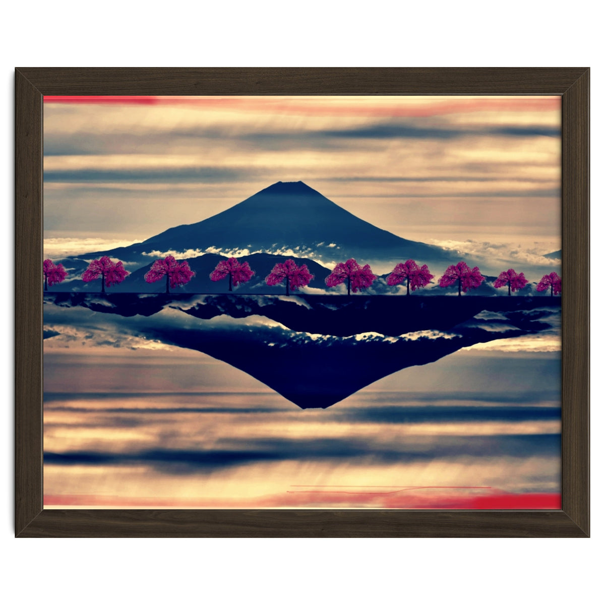 Reflection on Mount Fuji with cherry trees.