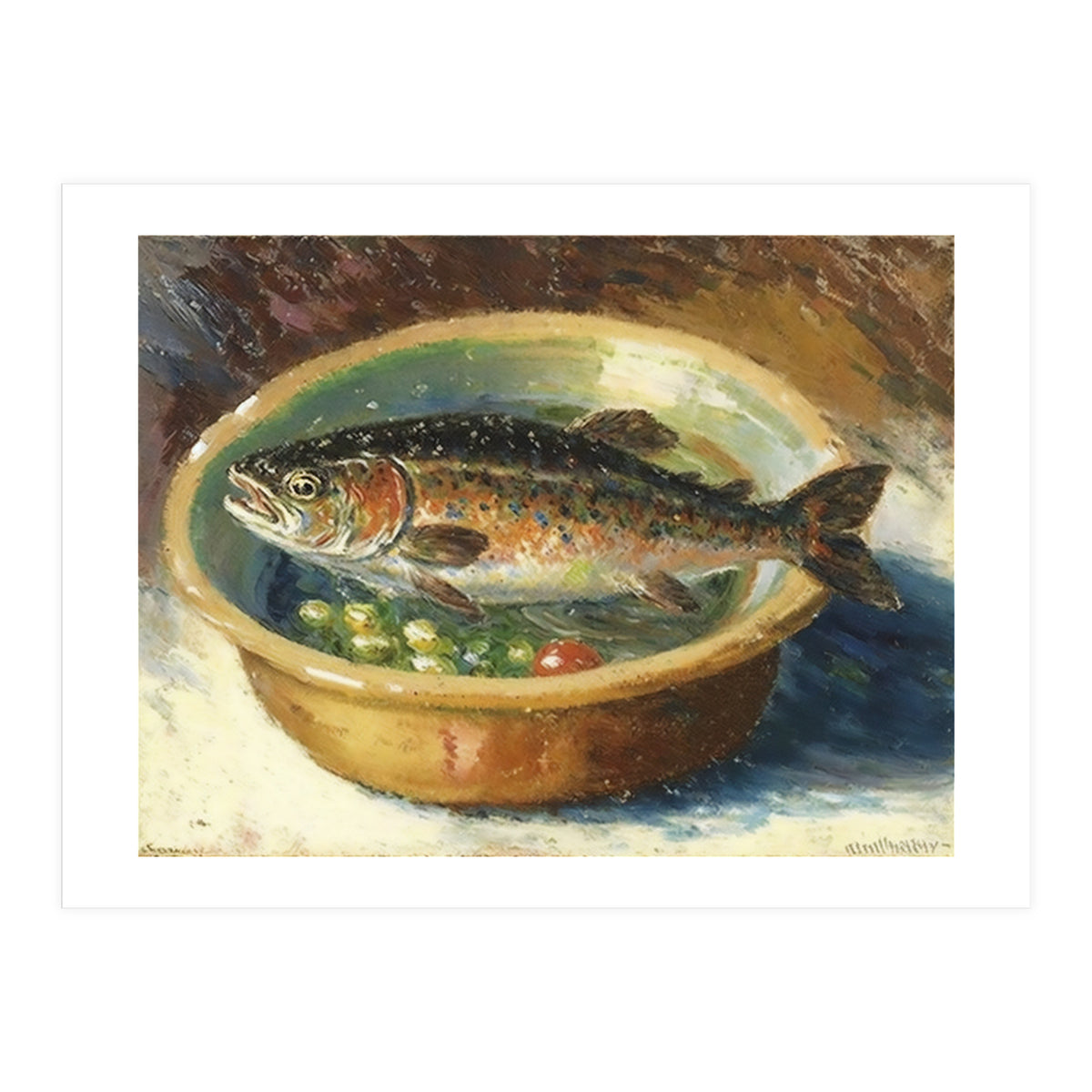 Trout in a Bowl Oil Painting (Print Only)