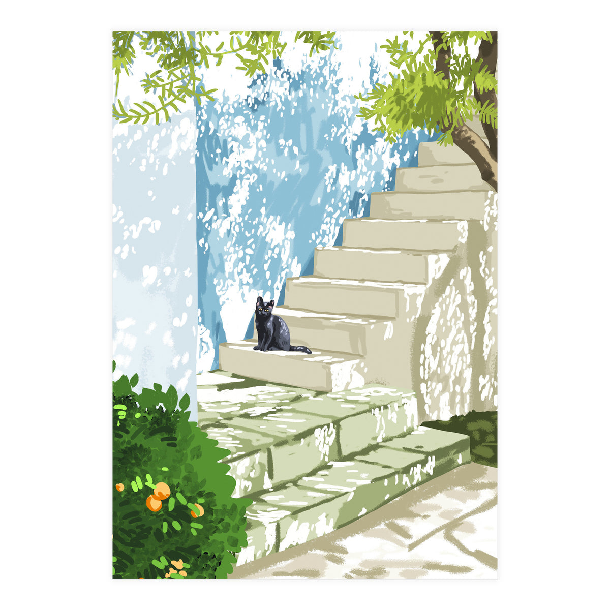 Black cat on the steps Poster, Greece Santorini summer travel pet painting (Print Only)