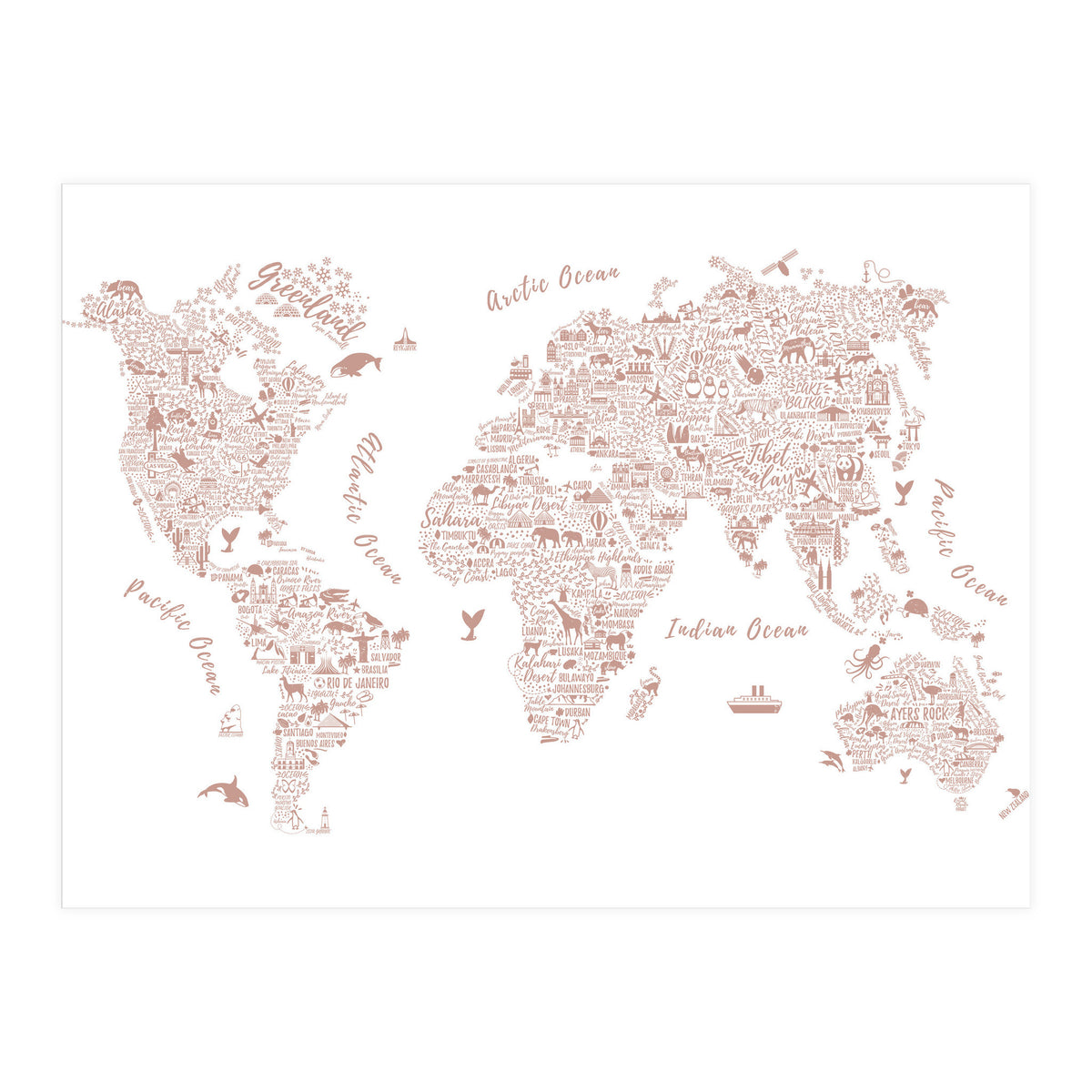 Typography World Map in Pink (Print Only)