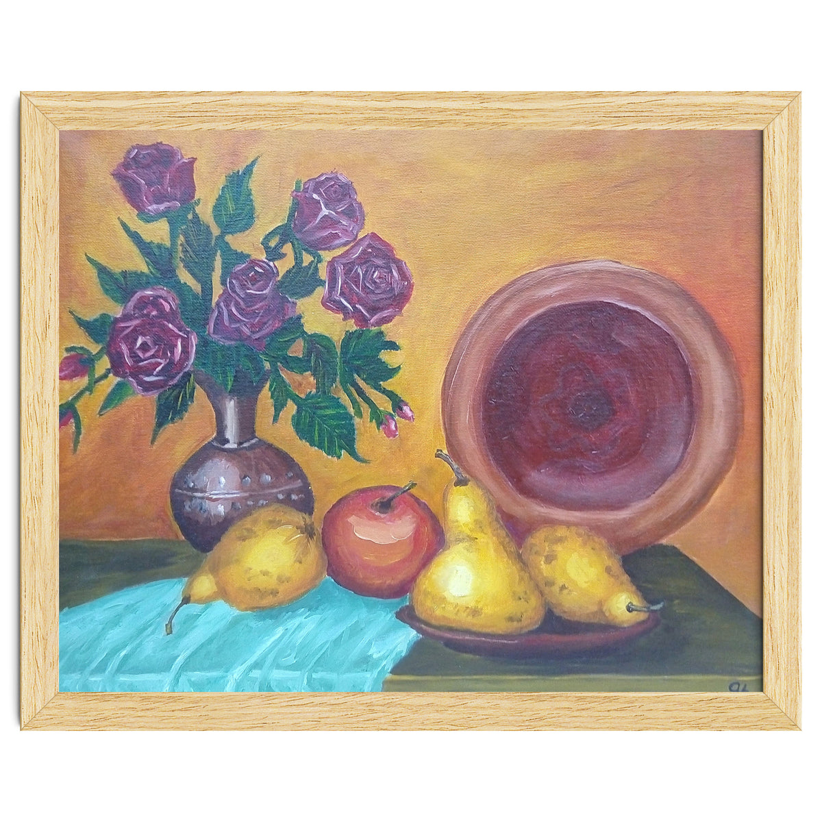 Still life with pears, roses and a dish.
