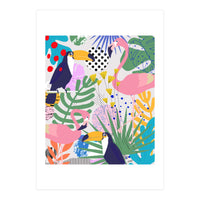 Tropical Spring | Pastel Quirky Modern Bohemian Jungle Botanical | Flamingo Palm Cockatoo Birds (Print Only)