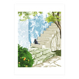 Black cat on the steps Poster, Greece Santorini summer travel pet painting (Print Only) thumbnail