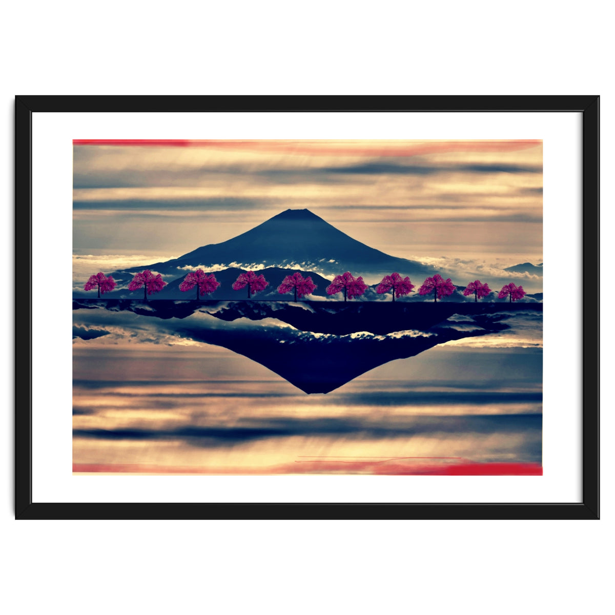 Reflection on Mount Fuji with cherry trees.