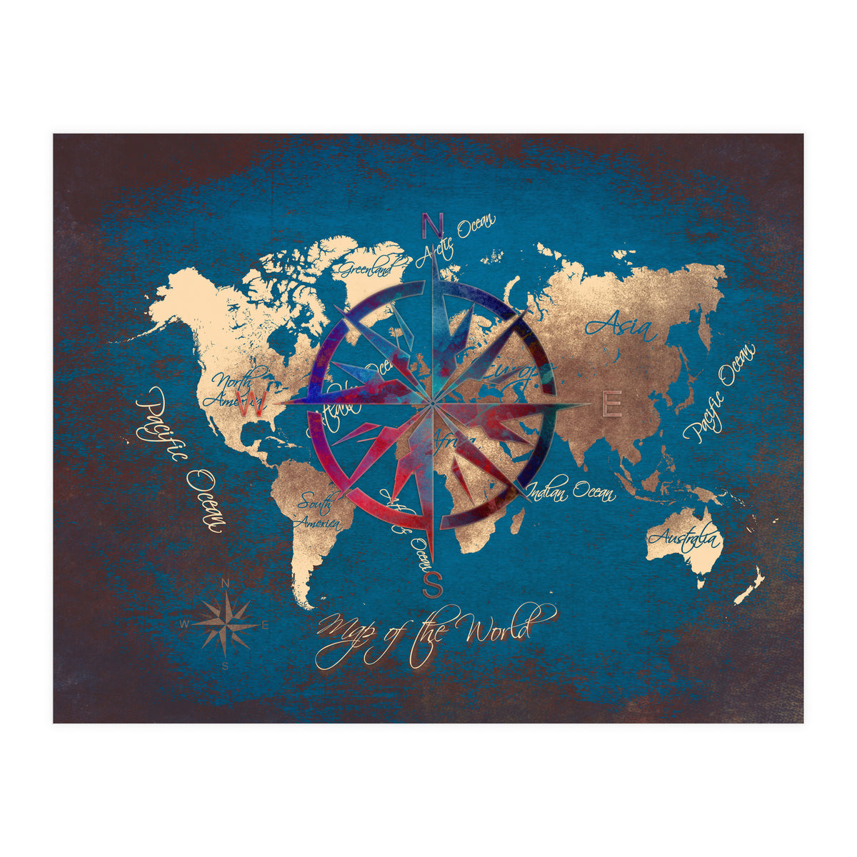 World Map Wind Rose blue (Print Only)