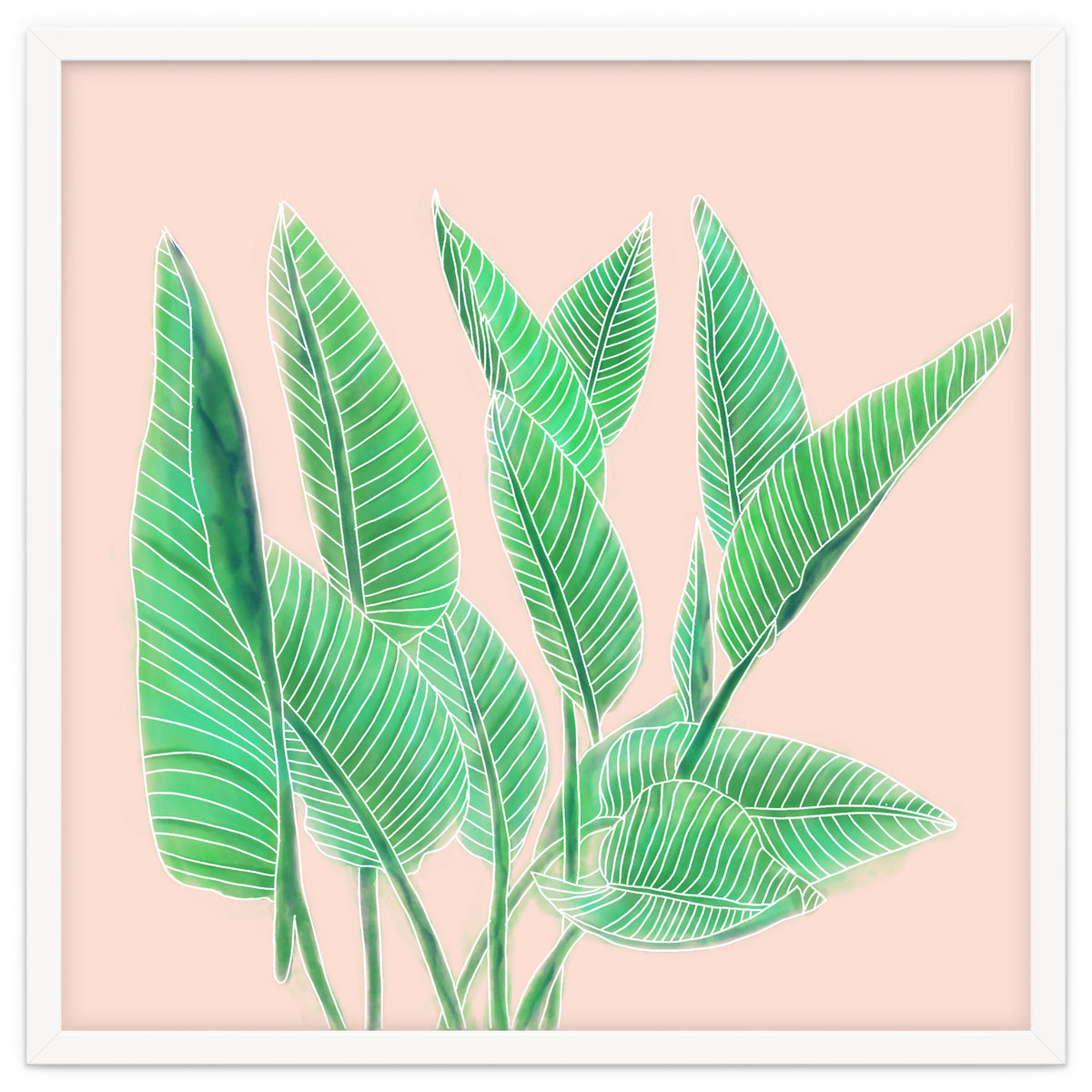 Modern Hand Painted Tropical Green Watercolor Leaf Bird Of Paradise On Pastel Pink