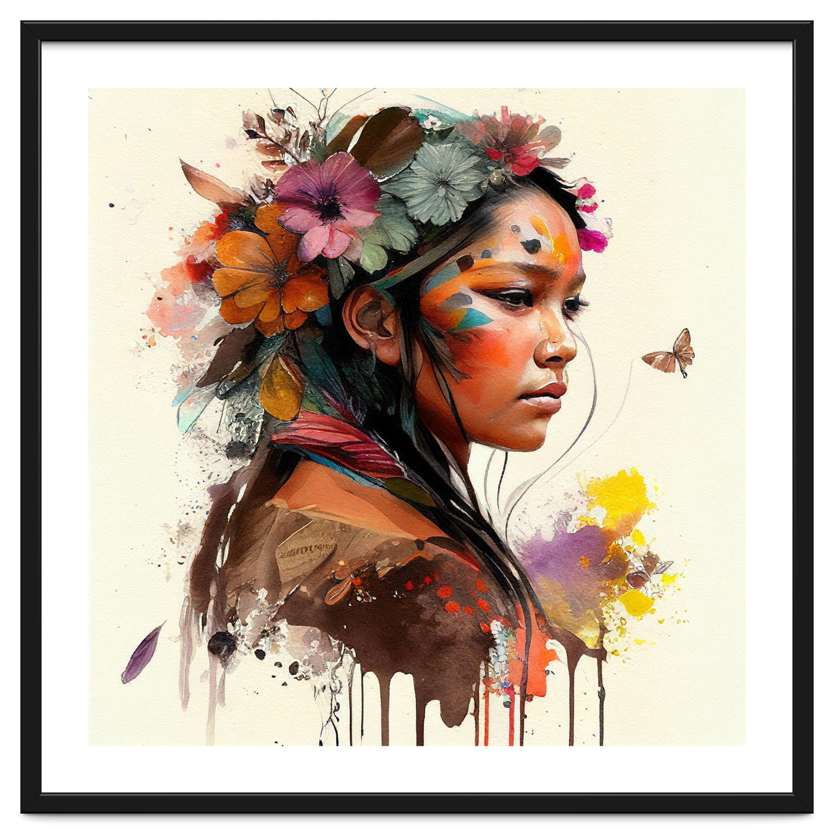 Watercolor Floral Indian Native Woman #4