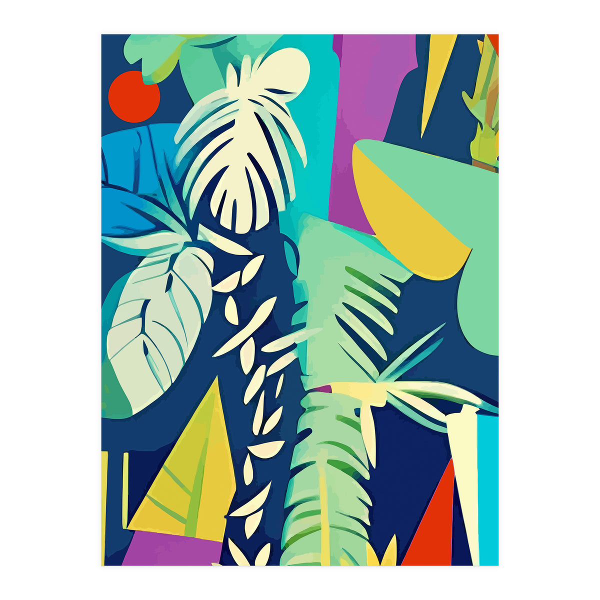 Tropical Wilderness, Abstract Botanical Jungle Plants, Pop of Color Eclectic Shapes Nature (Print Only)