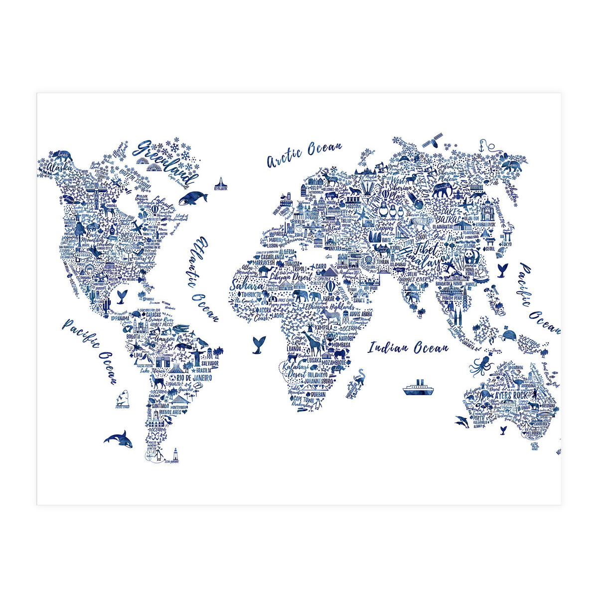 Watercolor World Map in Blue (Print Only)