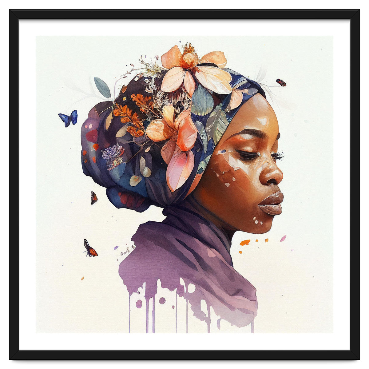 Watercolor Floral Muslim African Woman #4