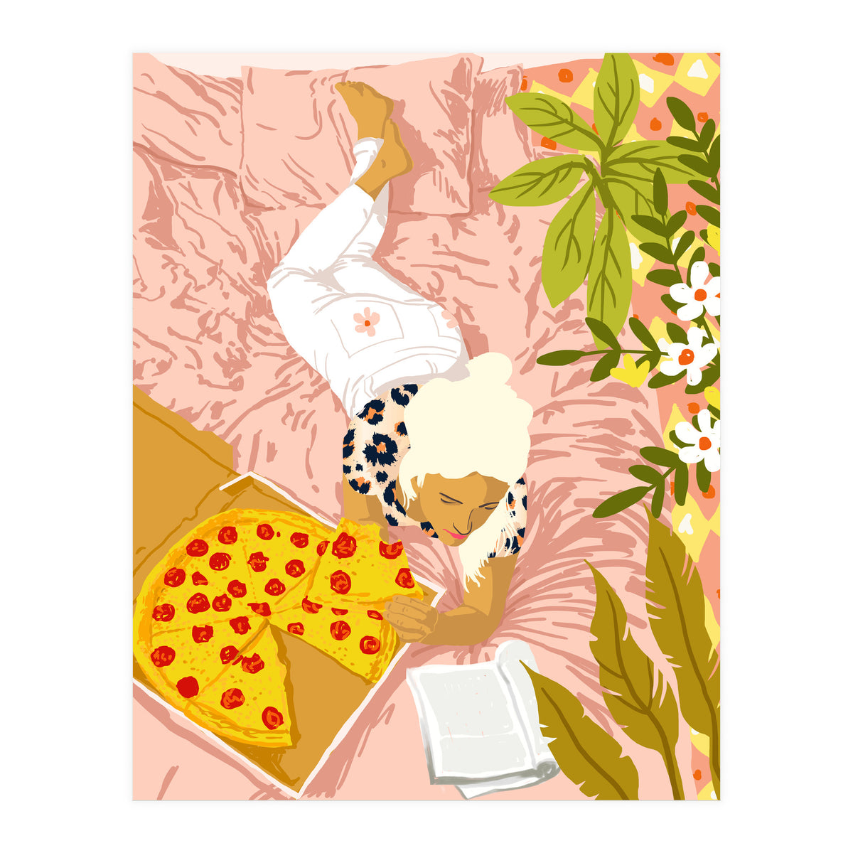 Pepperoni Pizza | Holiday Weekend Food Binge | Modern Bohemian Woman Reading in a Pastel Bedroom (Print Only)