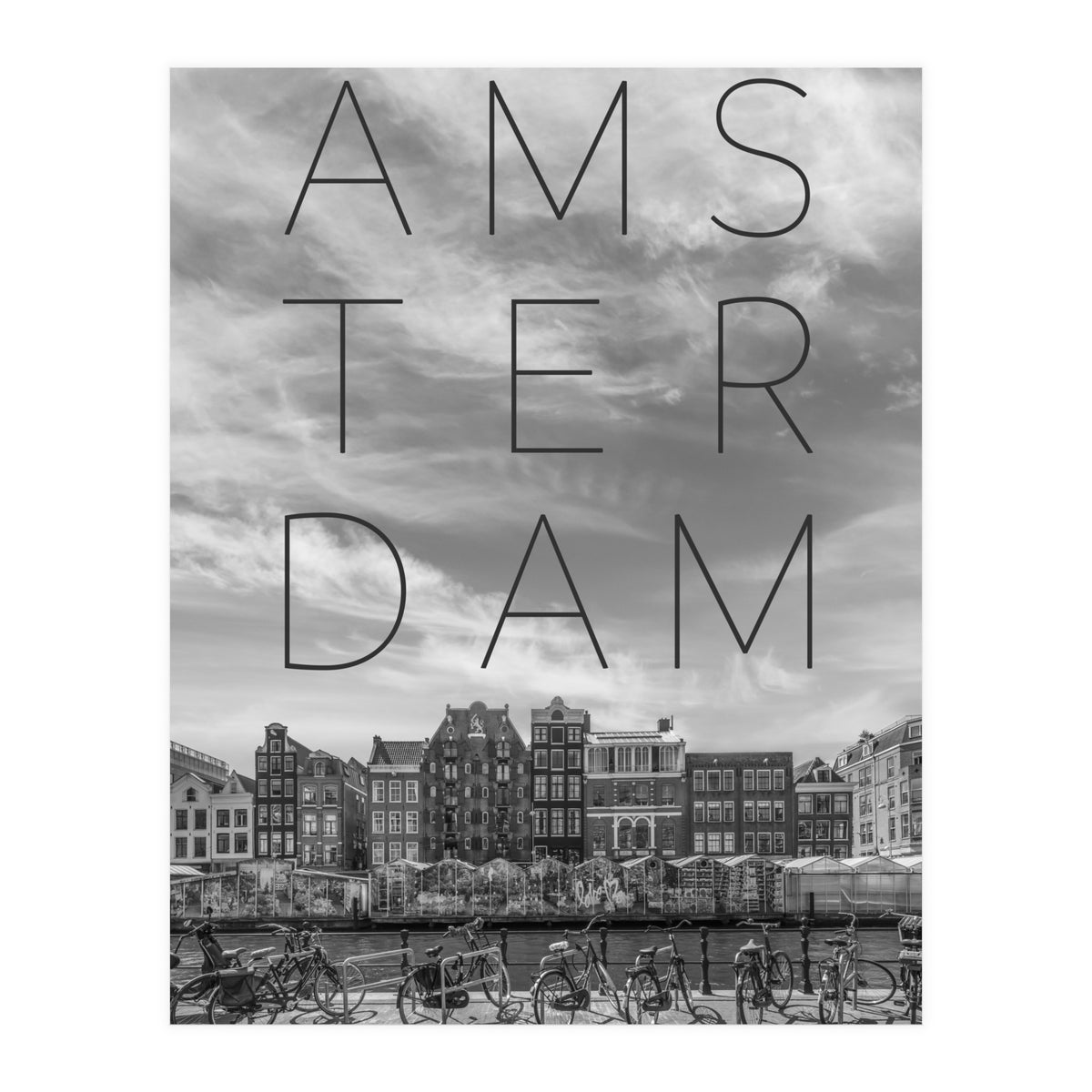 AMSTERDAM Singel Canal with Flower Market | Text & Skyline (Print Only)