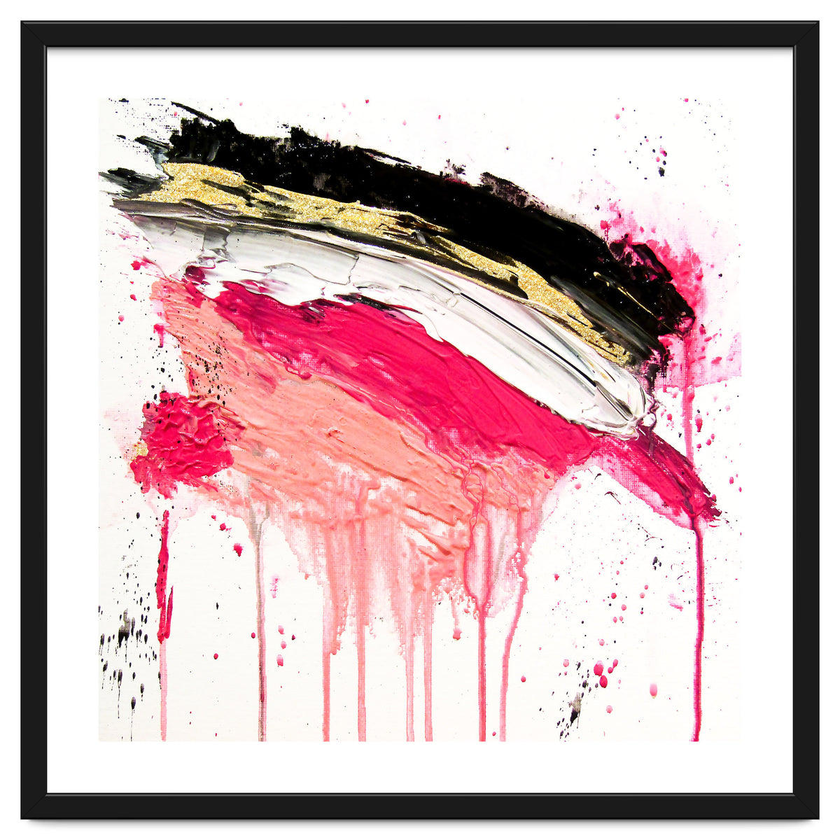 Modern Abstract Pink Black Gold Brushstrokes Splatters Acrylic