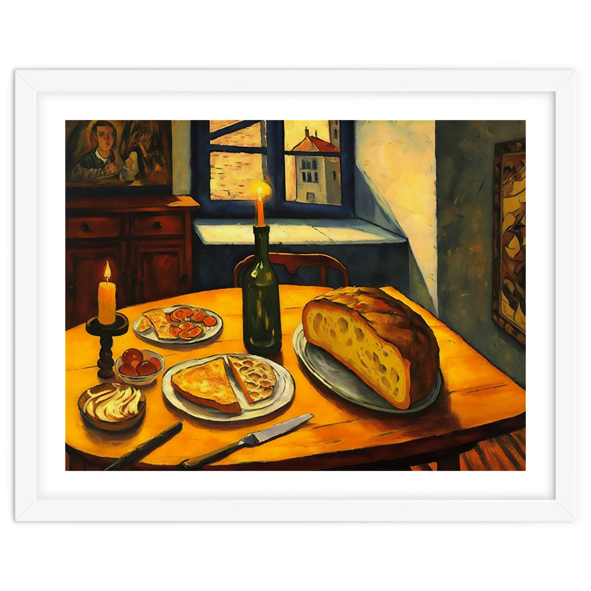 Table Setting of Bread and Cheese Oil Painting