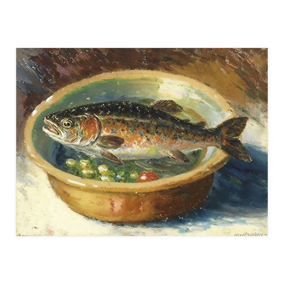 Trout in a Bowl Oil Painting (Print Only)