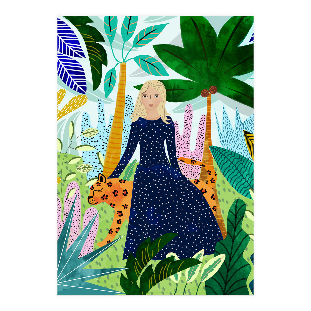 African Safari, Colorful Tropical Jungle Travel, Botanical Watercolor, Blonde Woman with a Leopard (Print Only)