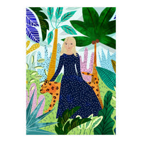 African Safari, Colorful Tropical Jungle Travel, Botanical Watercolor, Blonde Woman with a Leopard (Print Only)