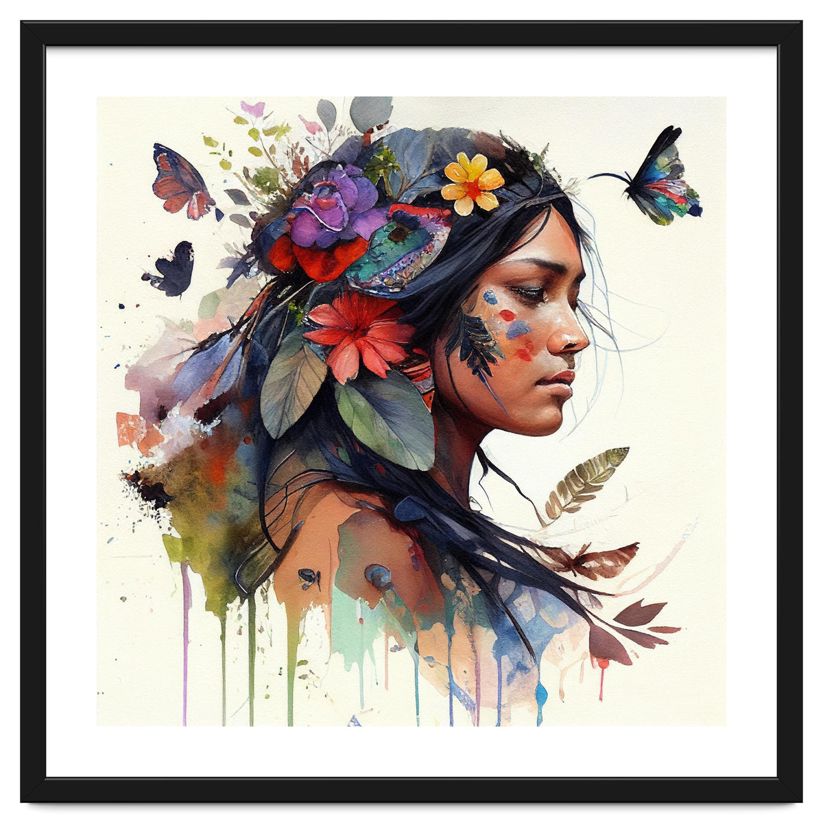 Watercolor Floral Indian Native Woman #15