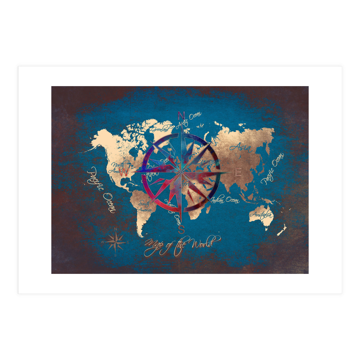 World Map Wind Rose blue (Print Only)