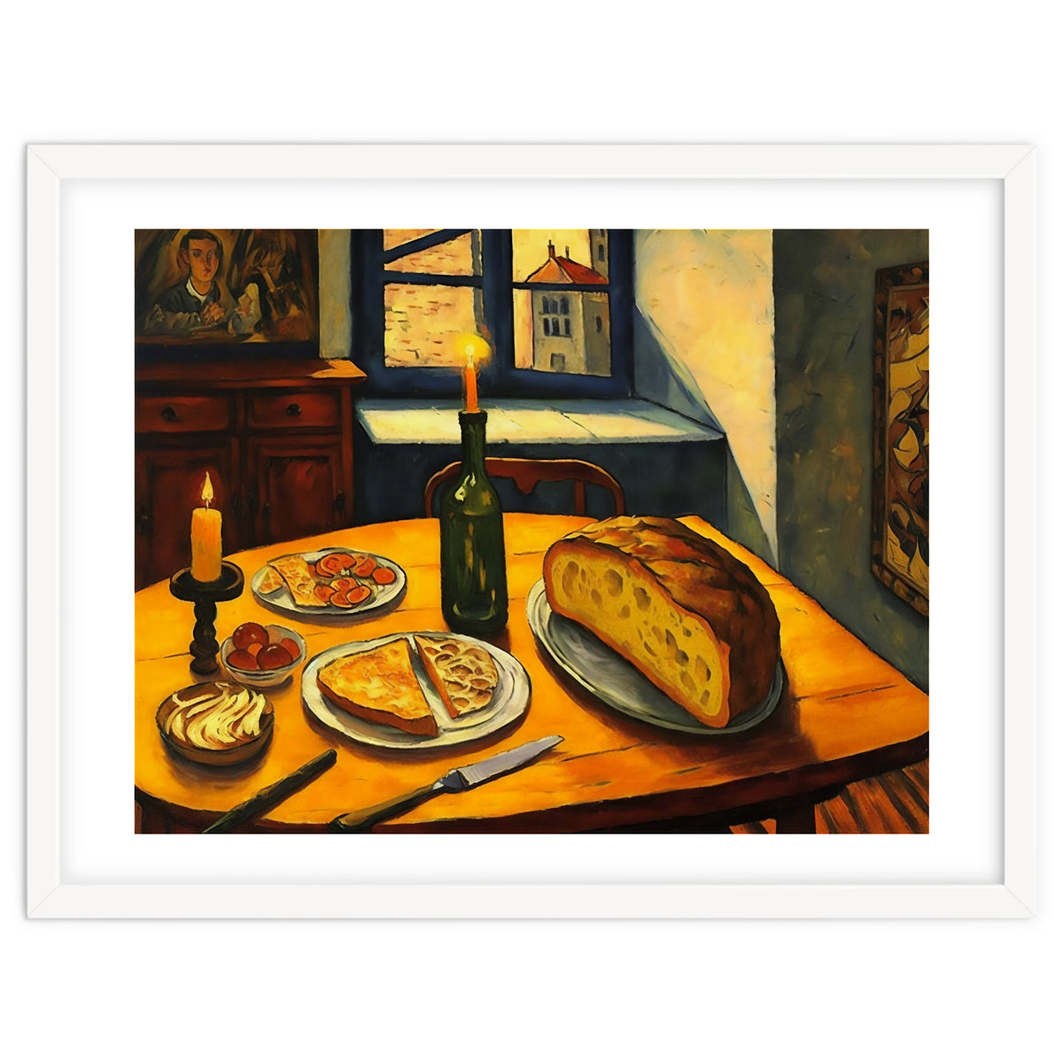 Table Setting of Bread and Cheese Oil Painting