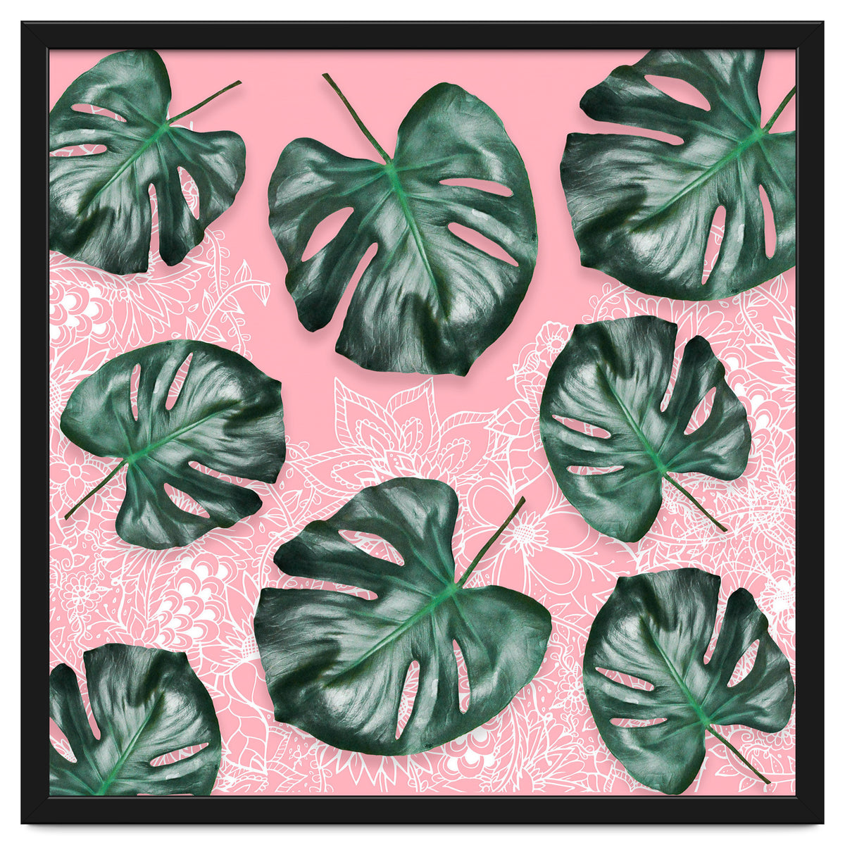 Modern 3d green tropical monstera leaf photo on blush pink white floral illustration