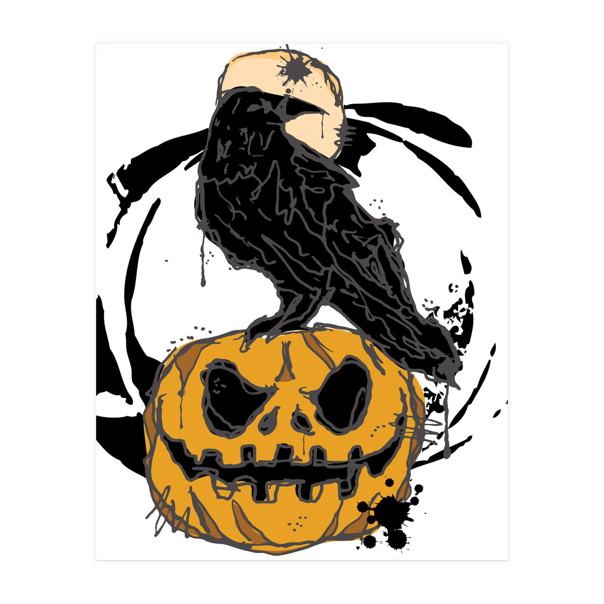 Raven over a pumpkin scribble sketch (Print Only)