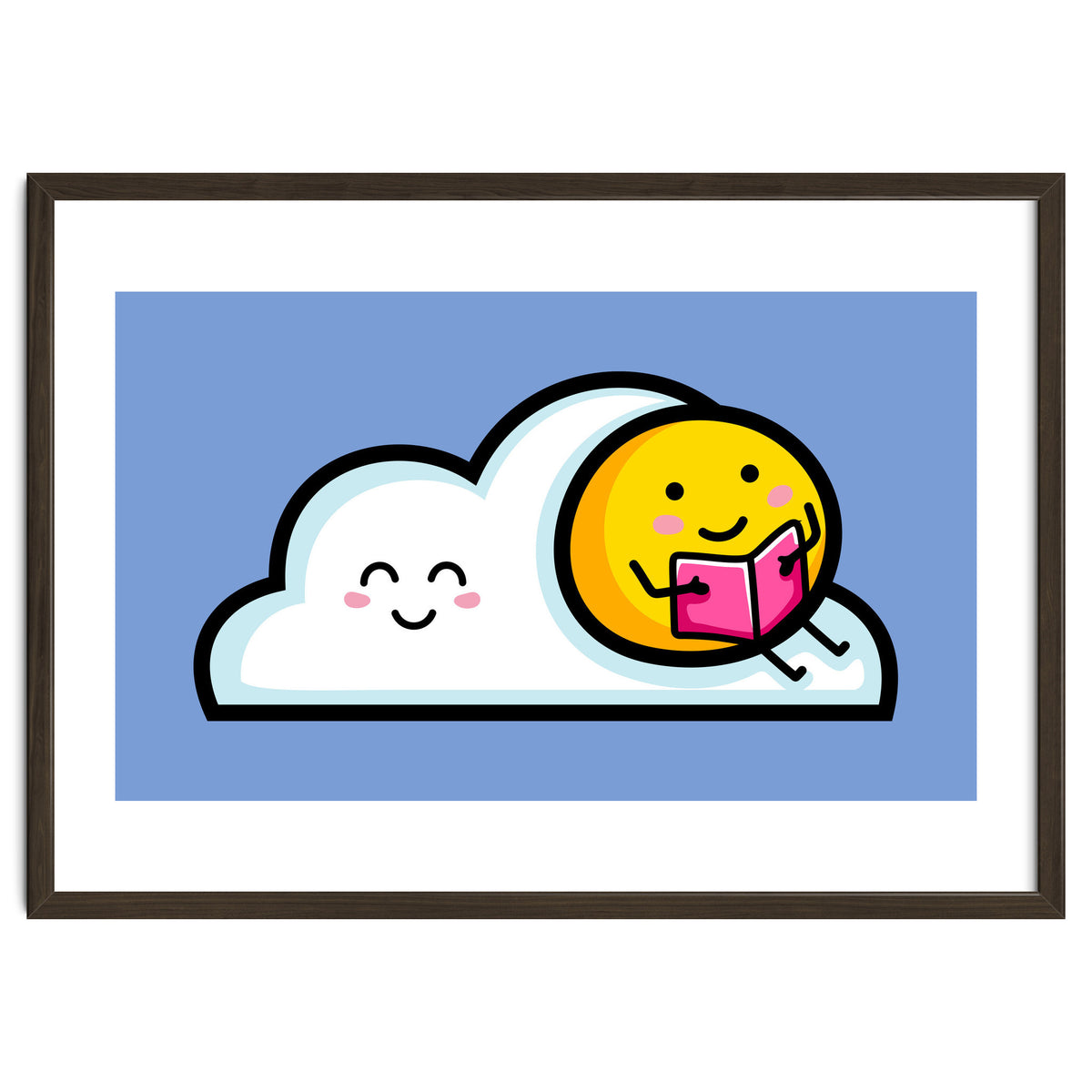 Kawaii Cute Sun Reading A Book On A Cloud