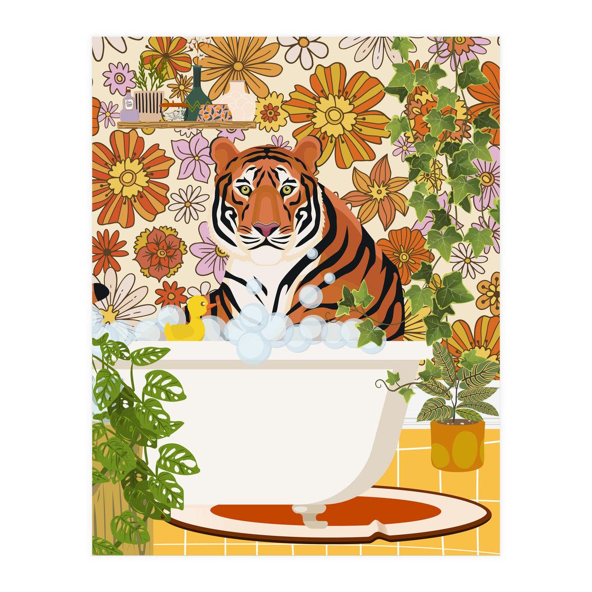 Tiger Bathing in Groovy Bathroom (Print Only)