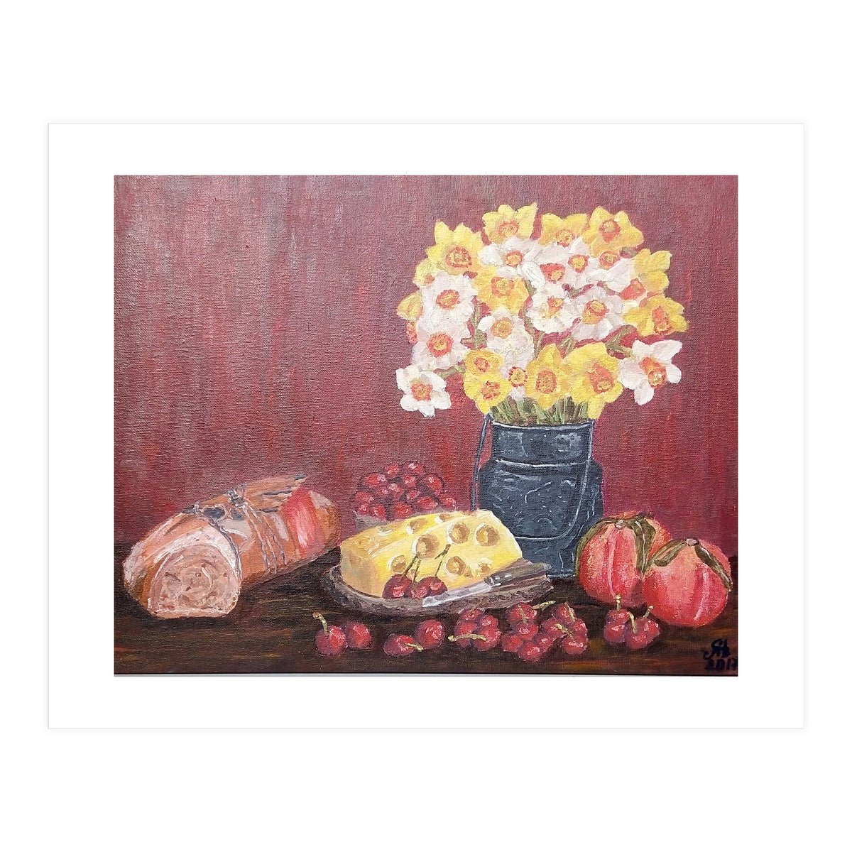 Still life with cheese, daffodils on a red background. (Print Only)