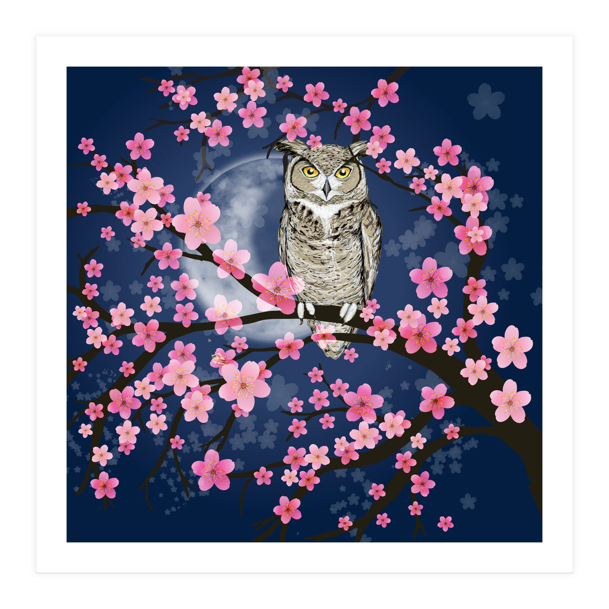 Great horned owl in a blossom tree (Print Only)